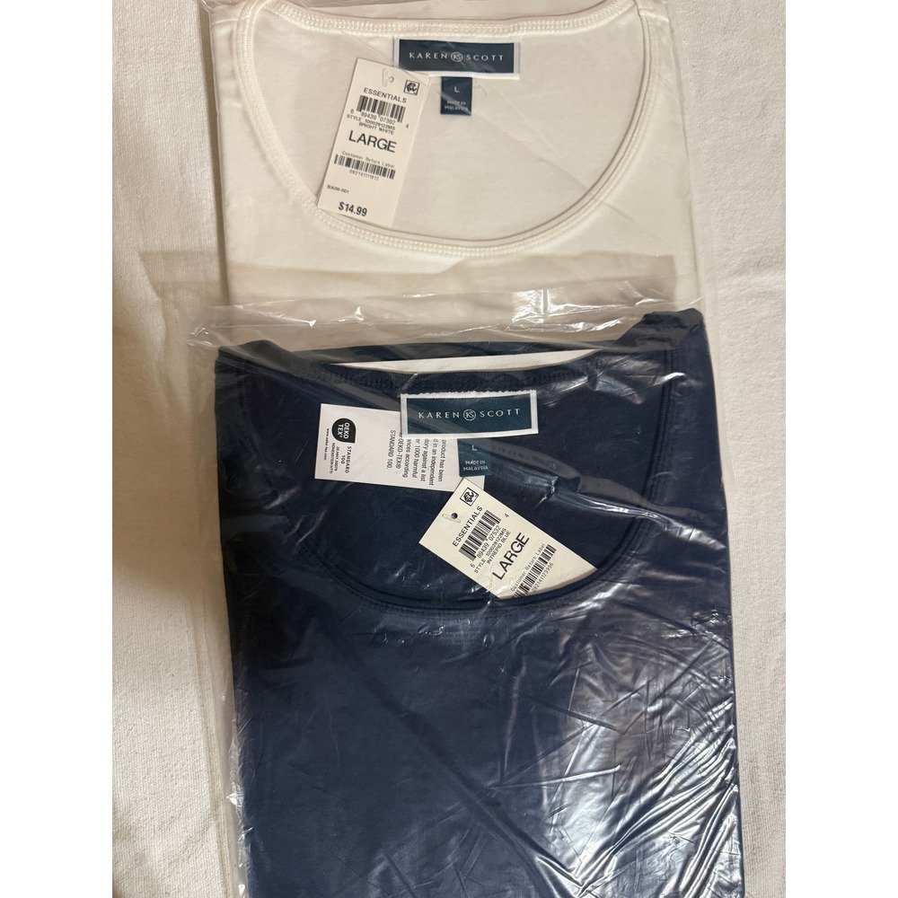 Karen Scott Essentials T-Shirt 2 Pack Womens Large White Blue‎ Crewneck New